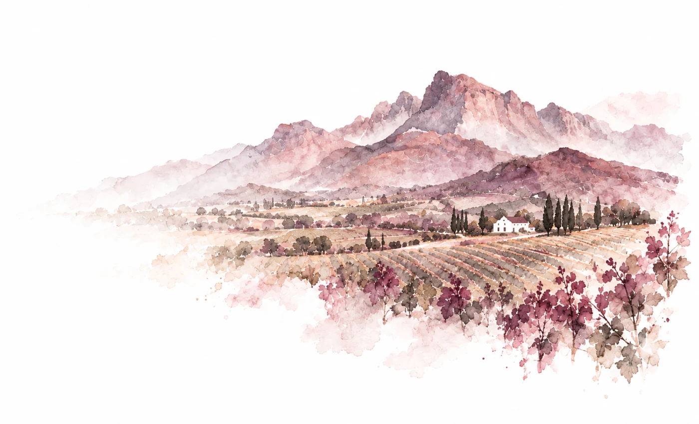 A delicate watercolor of Cape mountains and vineyards in dusty rose and muted maroon.